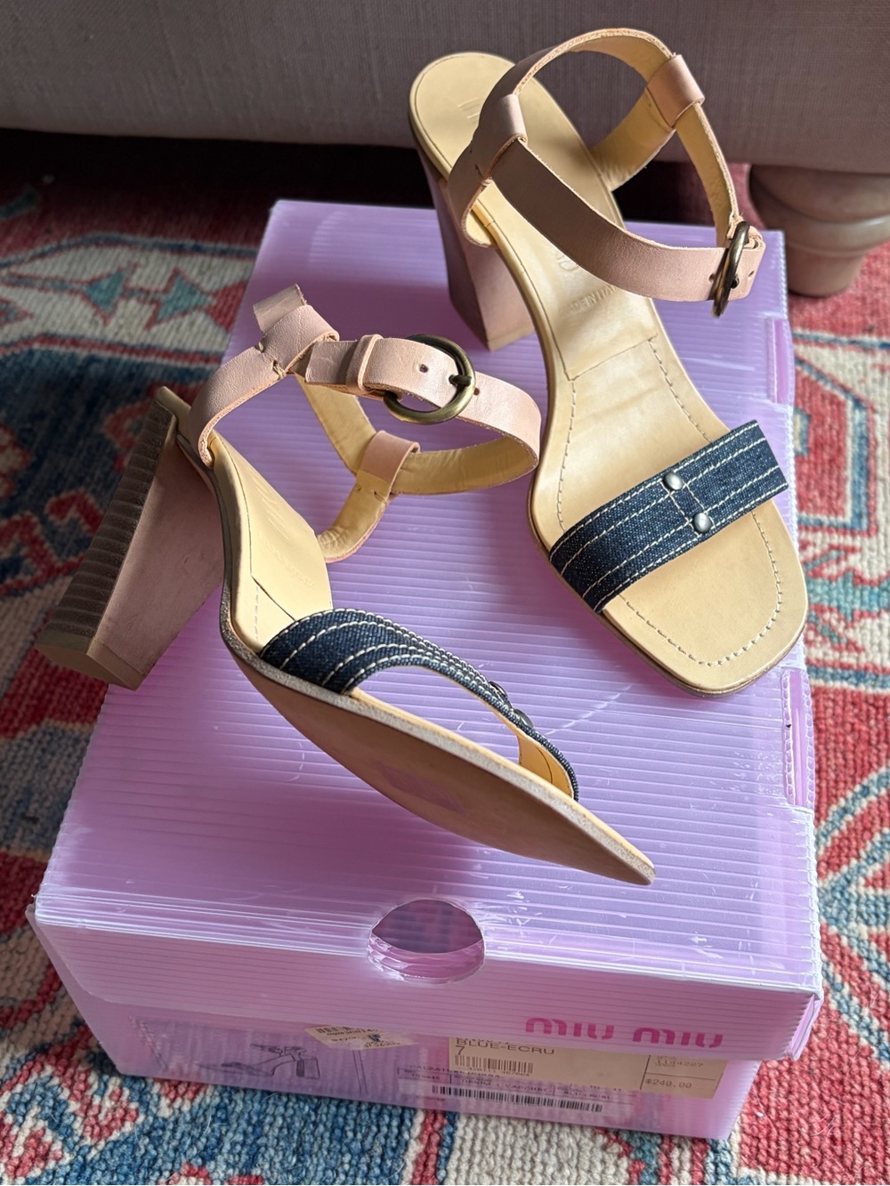 Vintage Miu Miu Blush Pink Leather and Dark Denim Block Heel Sandals